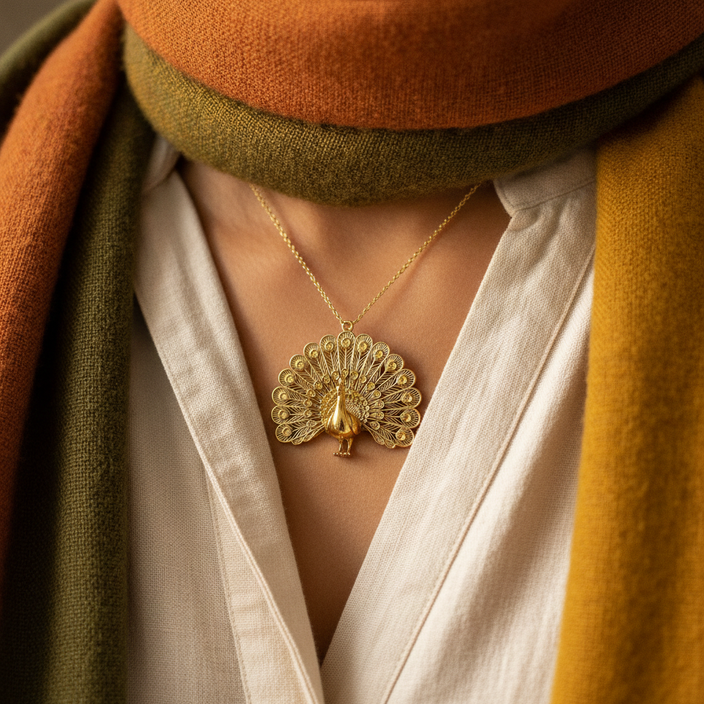 Peacock Pendant Necklace in polished gold by MokshaGoldSculptures, shown on model in white shirt and colorful scarves.