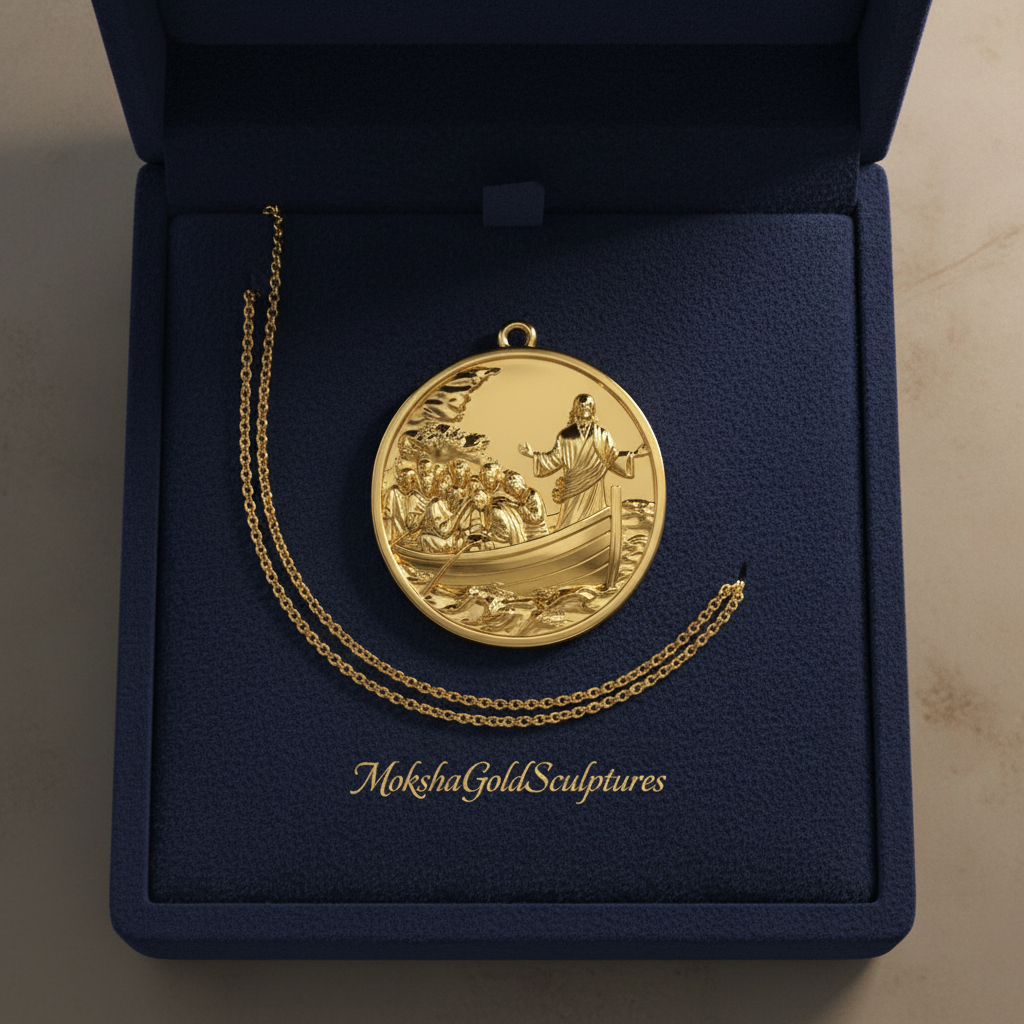 Jesus Calms the Storm Coin Pendant Necklace | 30mm Christian Medallion | 18K Gold, Sterling Silver or Yellow Brass | Religious Gift