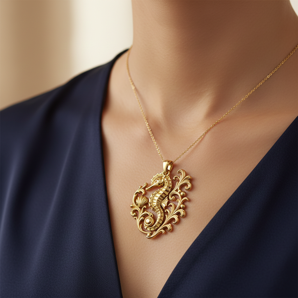 Seahorse Pendant Necklace in gold, silver & brass by MokshaGoldSculptures, modeled with deep blue V-neck dress.