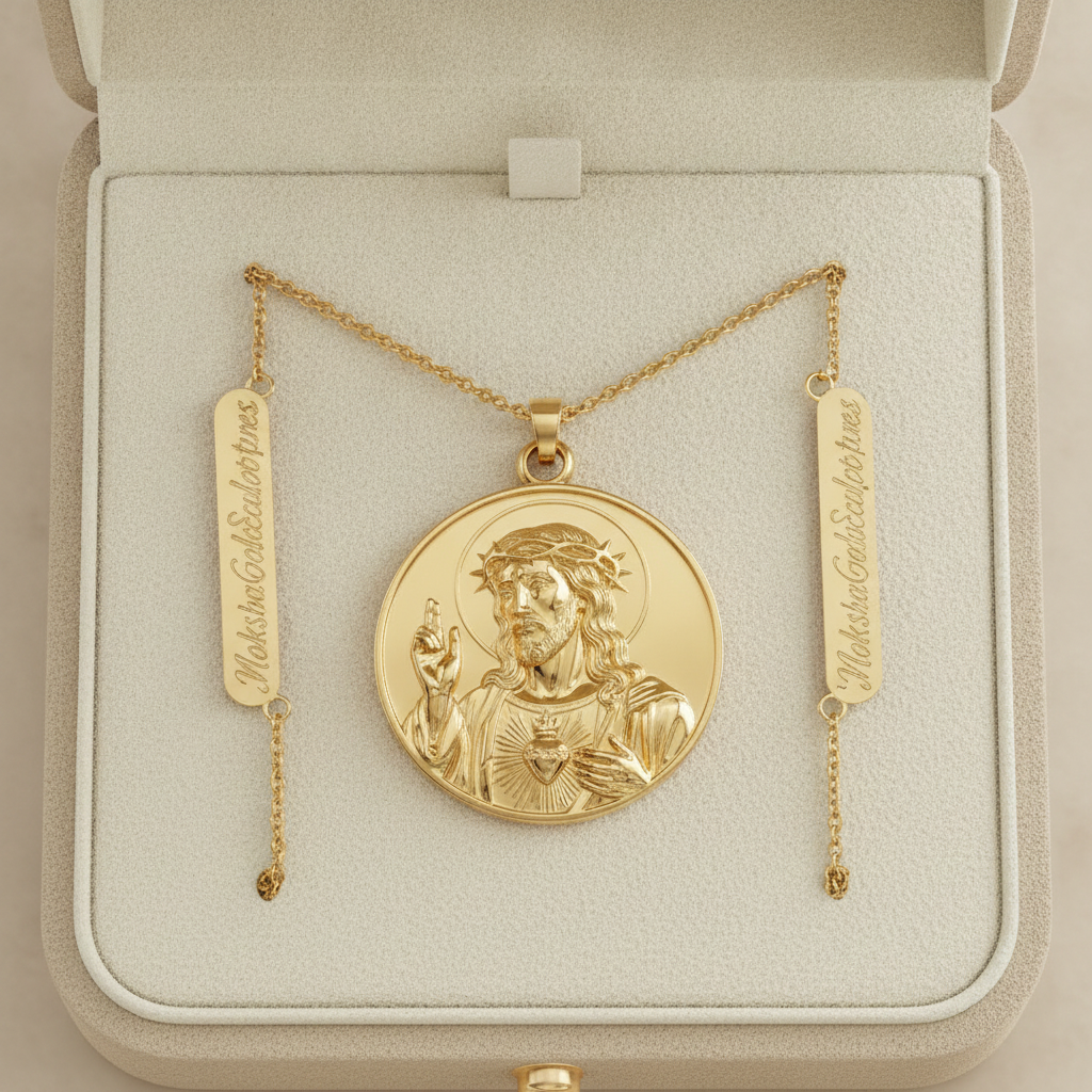 Jesus Sacred Heart Coin Pendant Necklace | 18K Gold Plated, Sterling Silver or Polished Brass | Christian Medallion | Catholic Religious Jewellery | 30mm