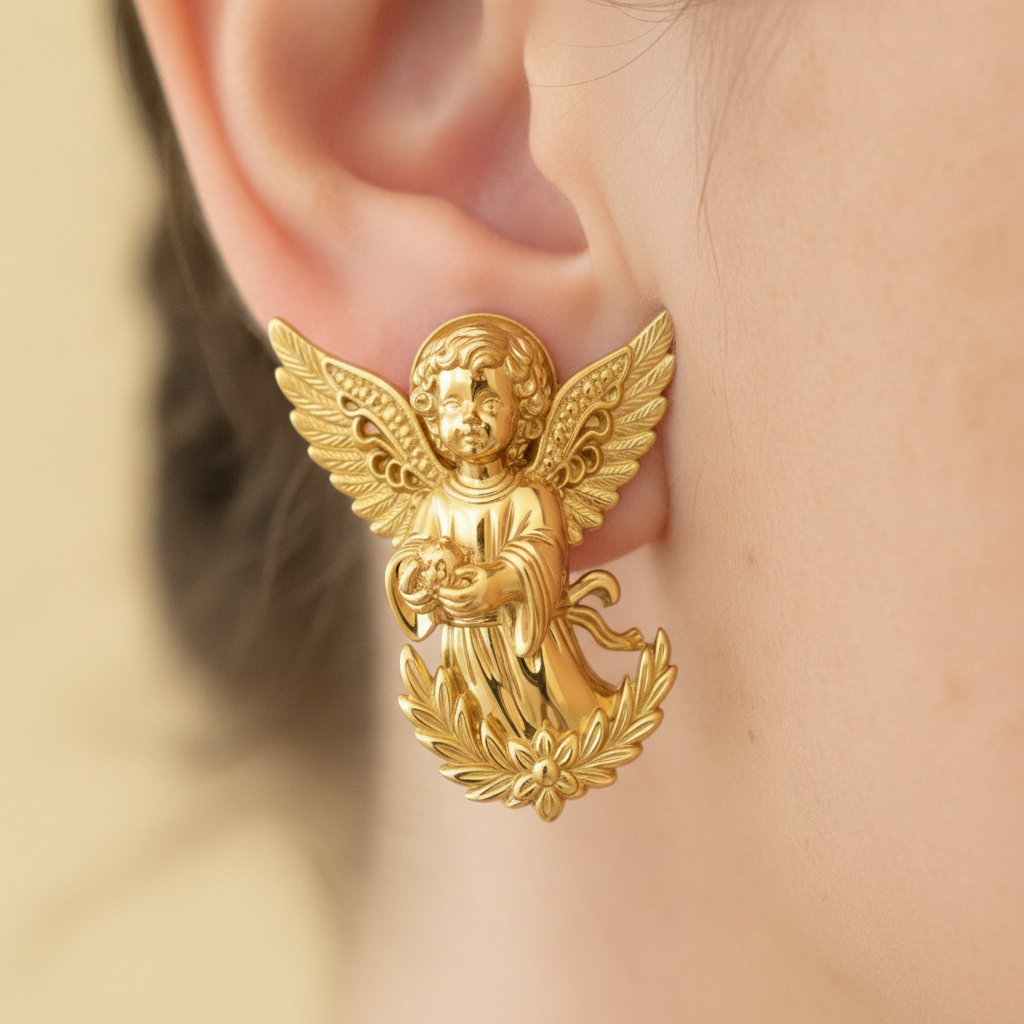 Angel Cherub Stud Earrings | 9K Gold, Sterling Silver or Brass | Handmade Angel Jewelry | Cherub Earrings | Artisan Religious Jewelry | Gift for Her