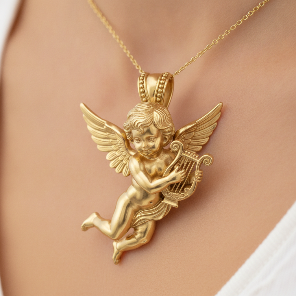 Golden Cherub Harp Pendant Necklace, Guardian Angel Jewelry, 9K Gold Angel Pendant, Sterling Silver Cherub Necklace, Religious Gift