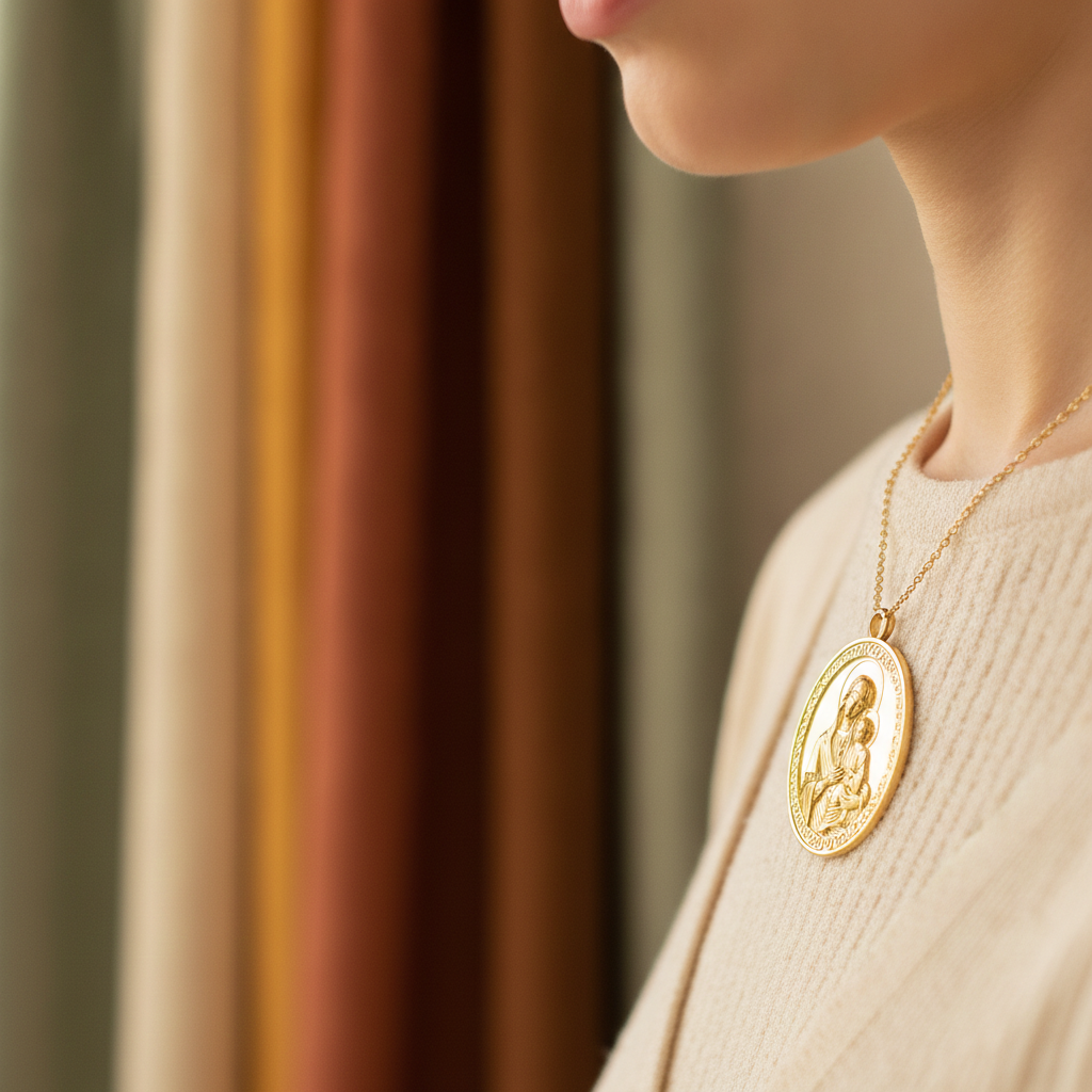 Virgin Mary & Child Coin Pendant Necklace | Blessed Mother Medallion | Christian Jewelry in 18K Gold, Sterling Silver or Yellow Brass