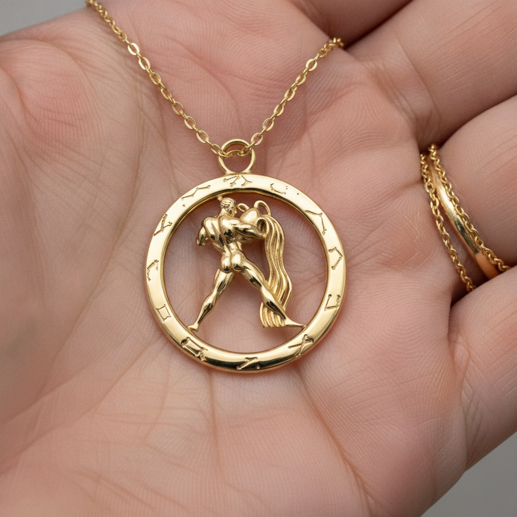 Aquarius Zodiac Pendant Necklace in 9K gold by MokshaGoldSculptures with abstract water bearer in circular zodiac frame.