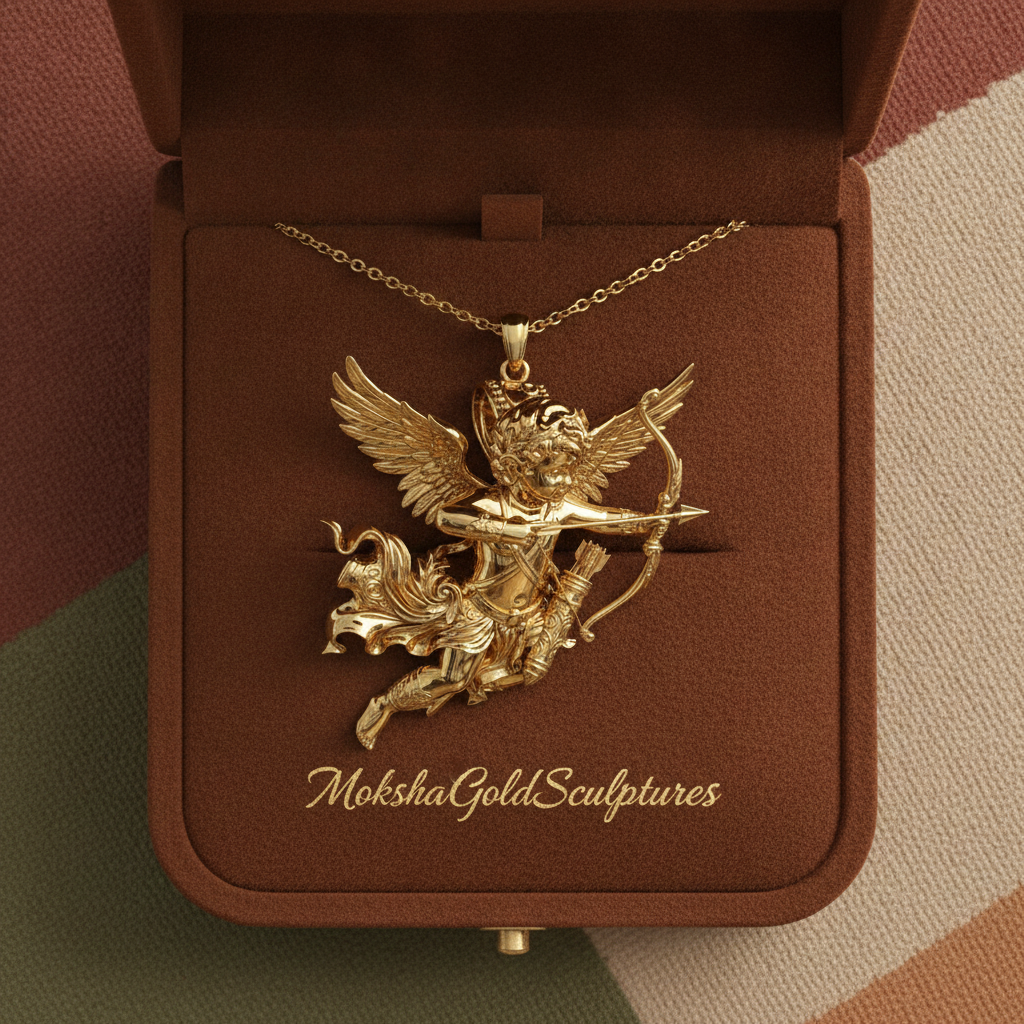 Winged Cupid Archer Pendant Necklace | Cherub Angel with Bow & Arrow | Handmade in 9K Gold, Sterling Silver & Yellow Brass