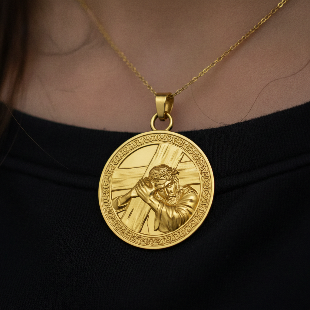 Jesus Carrying the Cross Medallion Pendant in 9K gold, silver, and brass by MokshaGoldSculptures.