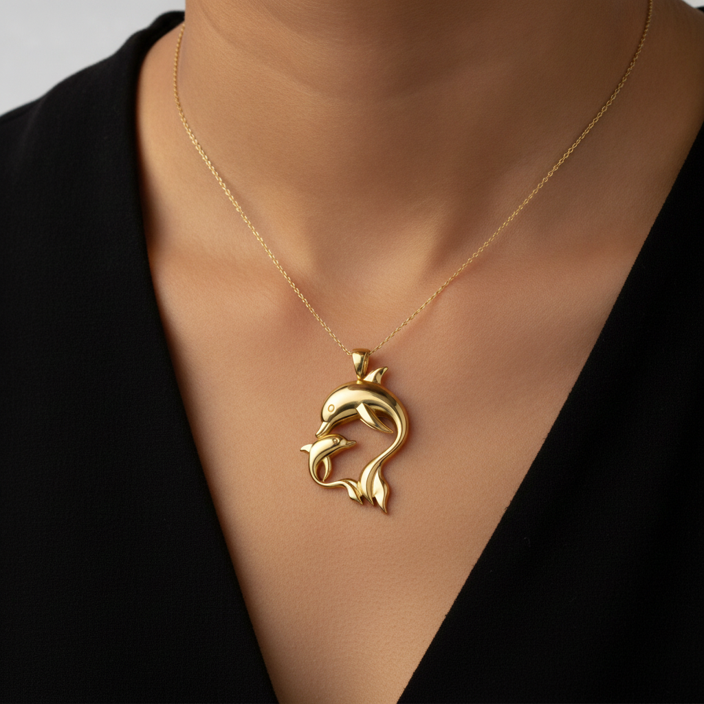 Dolphin Mother & Baby Pendant Necklace in polished yellow brass by MokshaGoldSculptures worn with a black V-neck top.