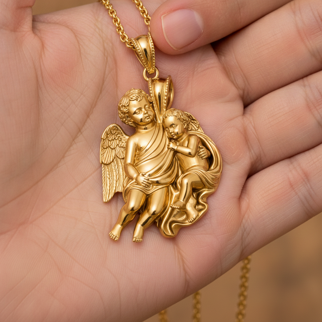 Golden Cherub Duo Pendant Necklace | Guardian Angel Jewelry | 9K Gold, Sterling Silver & Yellow Brass | Handmade Religious Gift