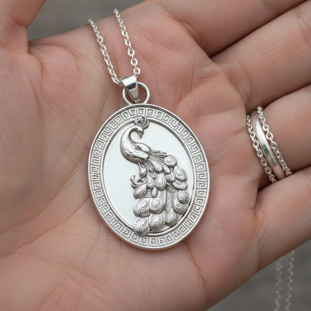 Gothic Peacock Coin Pendant Necklace | 9K Gold, Sterling Silver & Polished Yellow Brass | Art Nouveau Peacock Medallion | Nature Bird Jewelry | Gift for Her