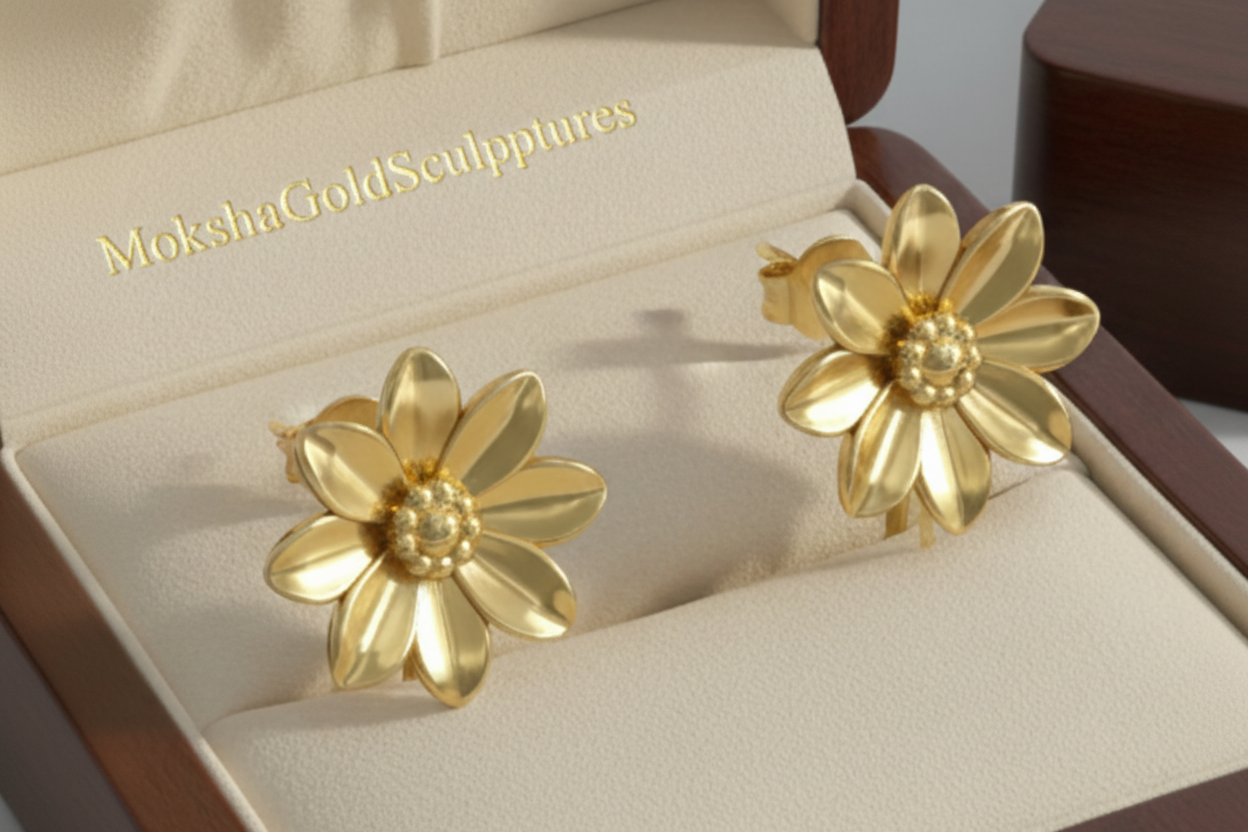 Polished Brass Flower Stud Earrings with detailed petals by MokshaGoldSculptures in cream box with gold logo.