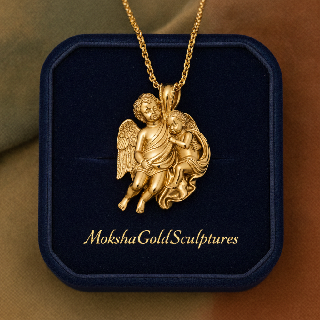 Golden Cherub Duo Pendant Necklace | Guardian Angel Jewelry | 9K Gold, Sterling Silver & Yellow Brass | Handmade Religious Gift