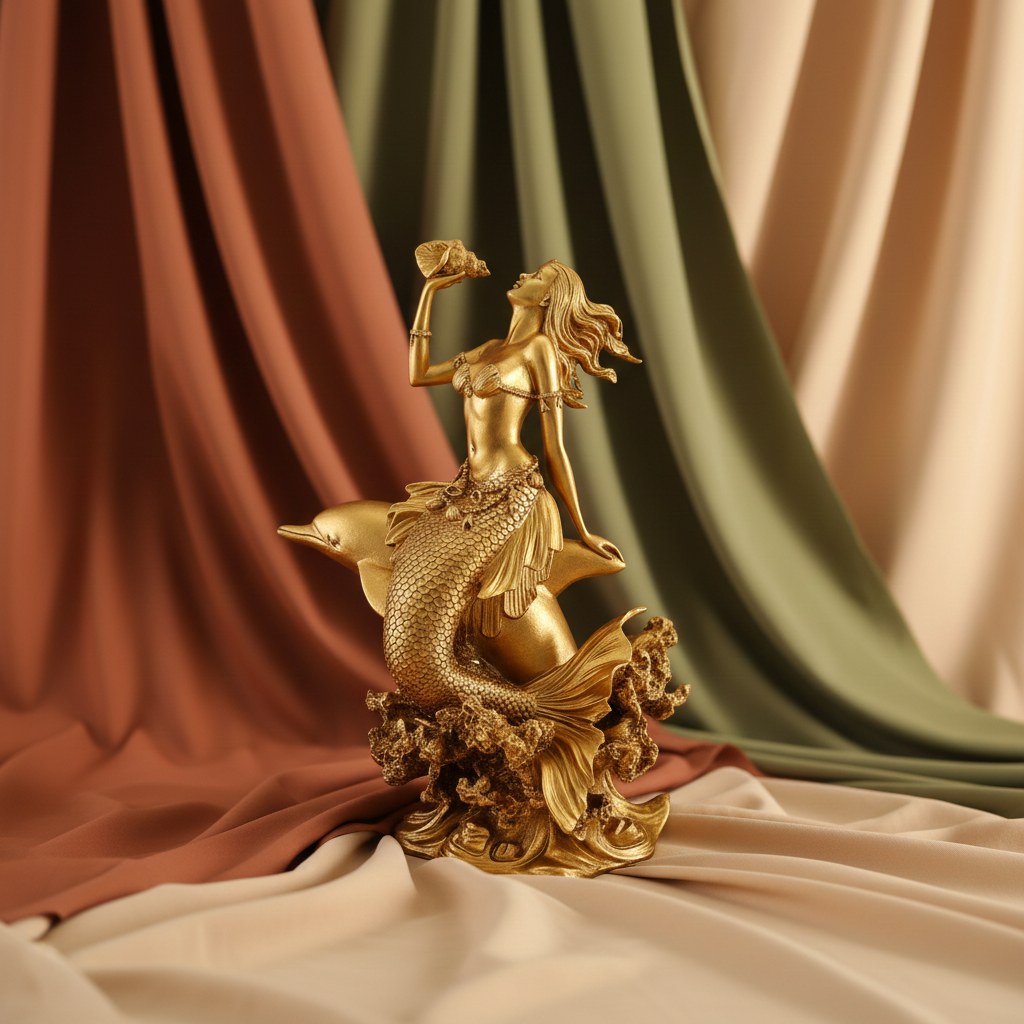The Golden Mermaid with Dolphin and Konch Shell PLA 3D print by MokshaGoldSculptures, matte earthy finish.