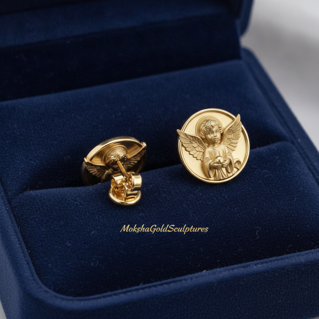 Angel Cherub Medallion Stud Earrings | 9K Gold, Sterling Silver or Brass | Celestial Angel Earrings | Religious Jewelry | Handmade Gift for Her