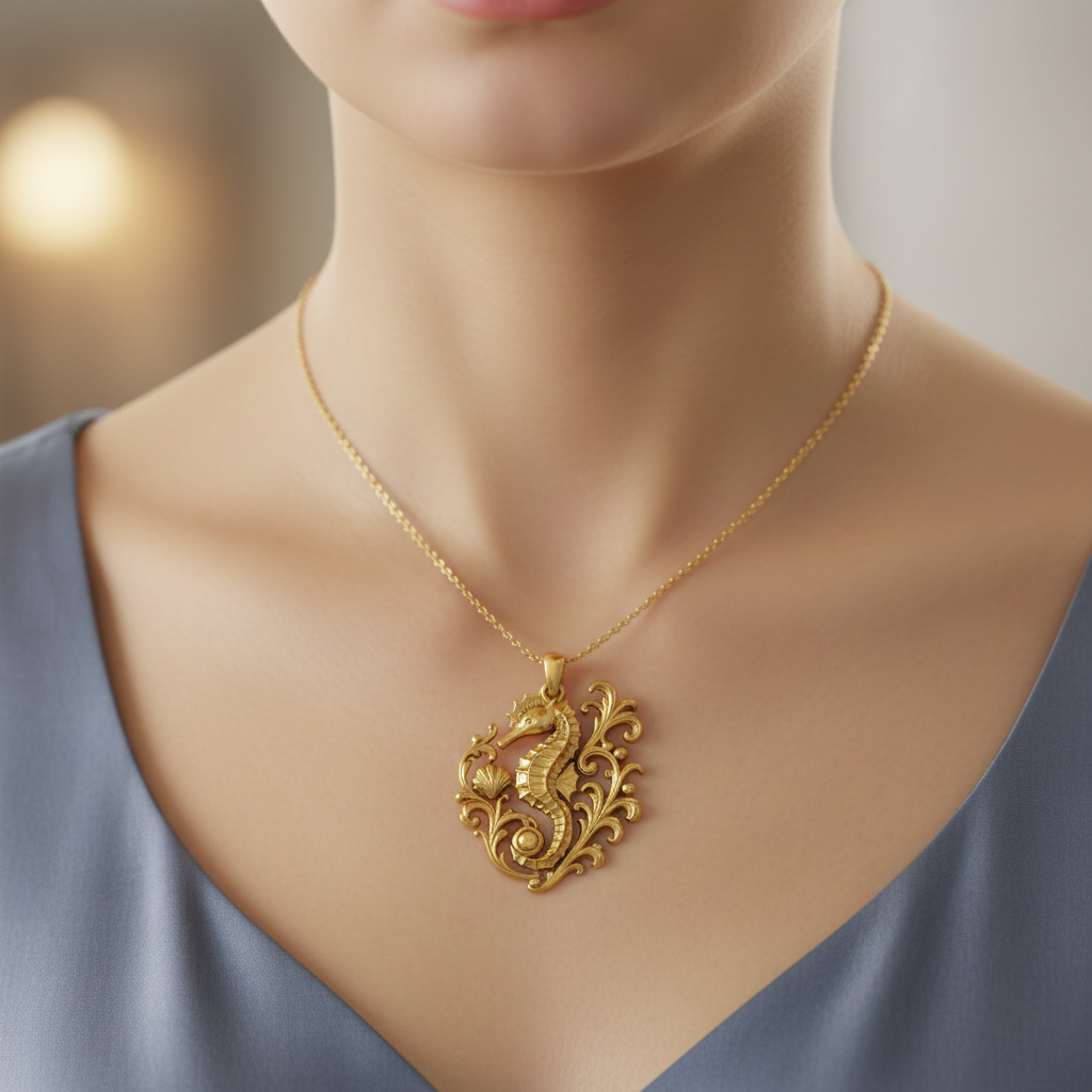 MokshaGoldSculptures Seahorse Pendant Necklace in gold, ornate ocean design, worn over a light blue V-neck top.