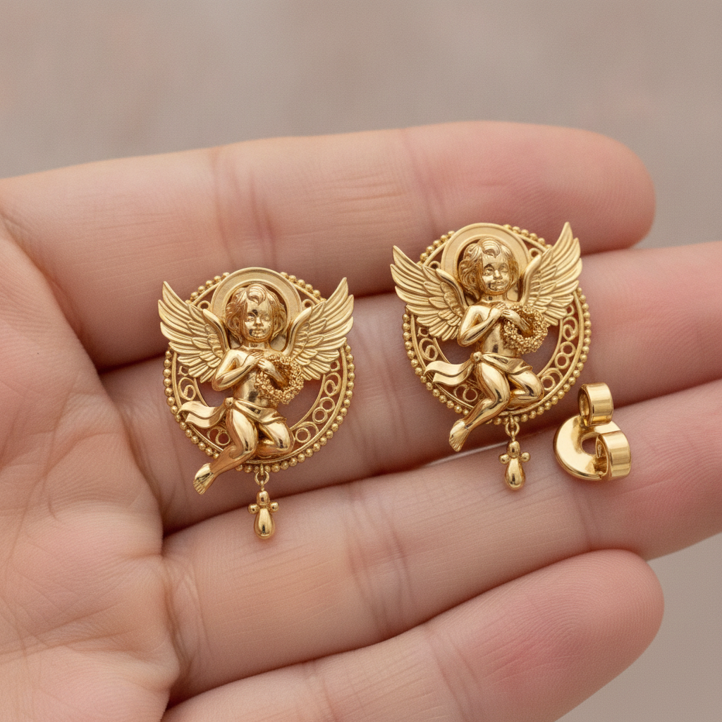 Golden Cherub Angel Stud Earrings | Guardian Angel Jewelry | 9K Gold, Sterling Silver & Yellow Brass | Handmade Religious Gift