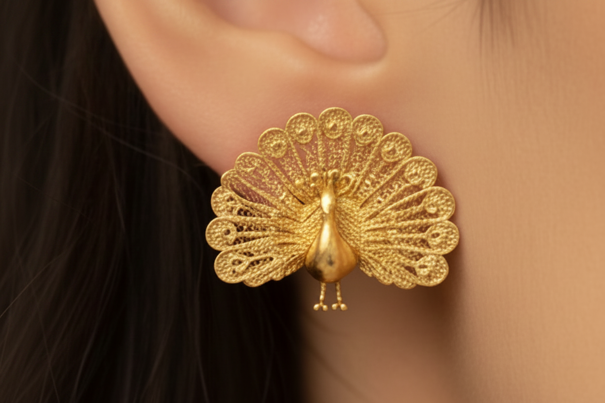 Peacock Stud Earrings in polished brass by MokshaGoldSculptures, detailed fan tail design shown on model.
