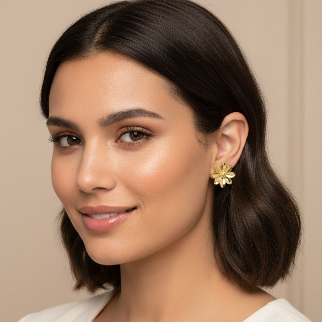 Polished Brass Flower Stud Earrings by MokshaGoldSculptures worn by a woman, shown against a beige background.