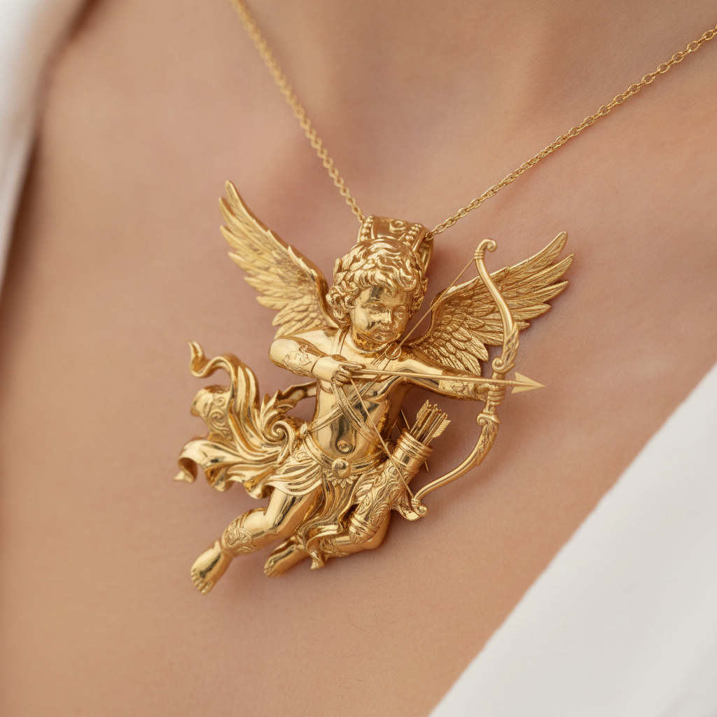 Winged Cupid Archer Pendant Necklace | Cherub Angel with Bow & Arrow | Handmade in 9K Gold, Sterling Silver & Yellow Brass