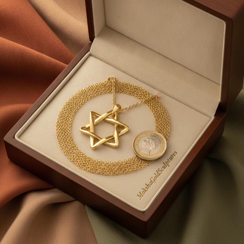 The Interlaced Star of David Pendant Necklace in 18K gold and silver by MokshaGoldSculptures on cream lining in wood box.