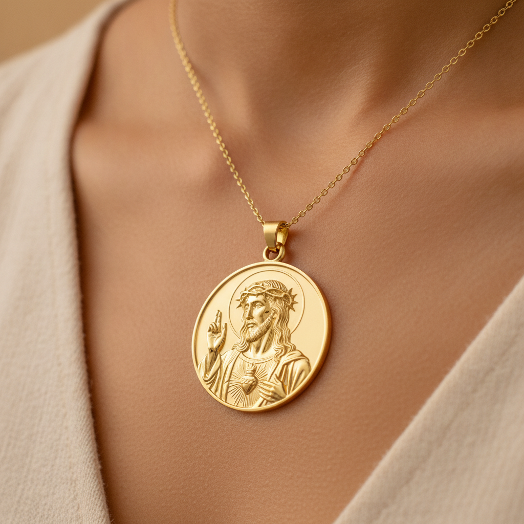 Jesus Sacred Heart Coin Pendant Necklace | 18K Gold Plated, Sterling Silver or Polished Brass | Christian Medallion | Catholic Religious Jewellery | 30mm