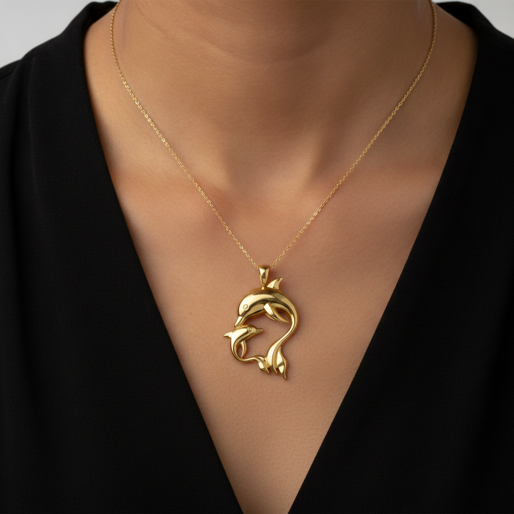 Dolphin Mother & Baby Pendant Necklace in 18K white gold by MokshaGoldSculptures, worn by person in black top.