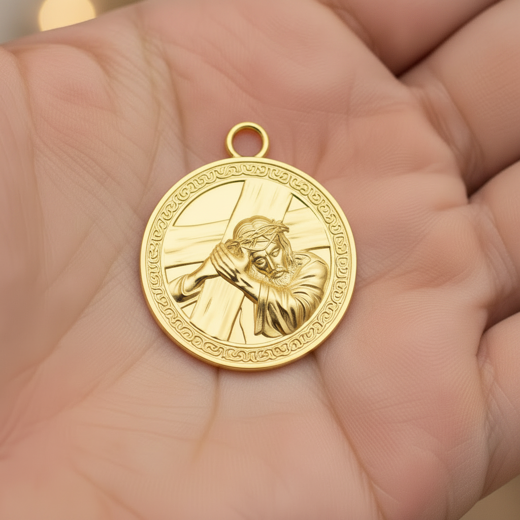 Jesus Carrying the Cross Medallion Pendant in 9K gold by MokshaGoldSculptures, round with engraved detailing.
