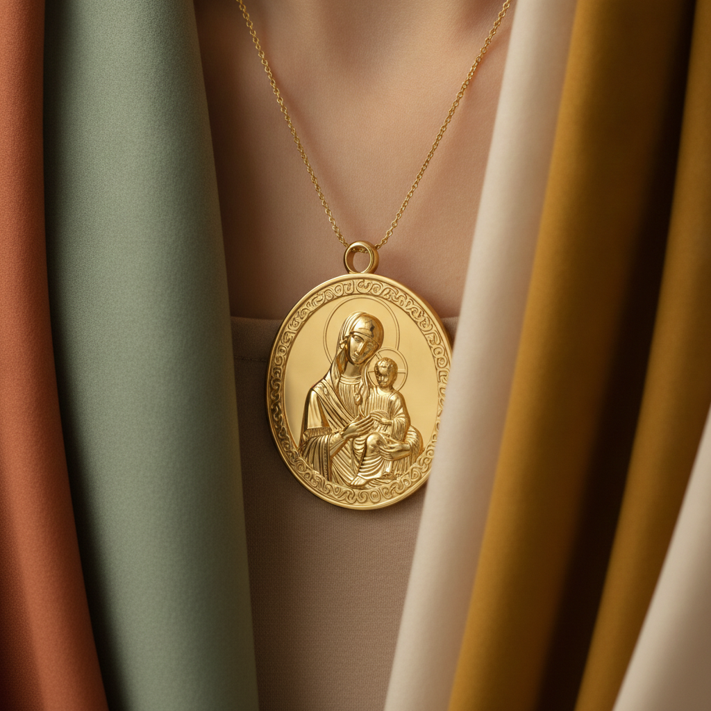 Virgin Mary & Child Coin Pendant Necklace | Blessed Mother Medallion | Christian Jewelry in 18K Gold, Sterling Silver or Yellow Brass