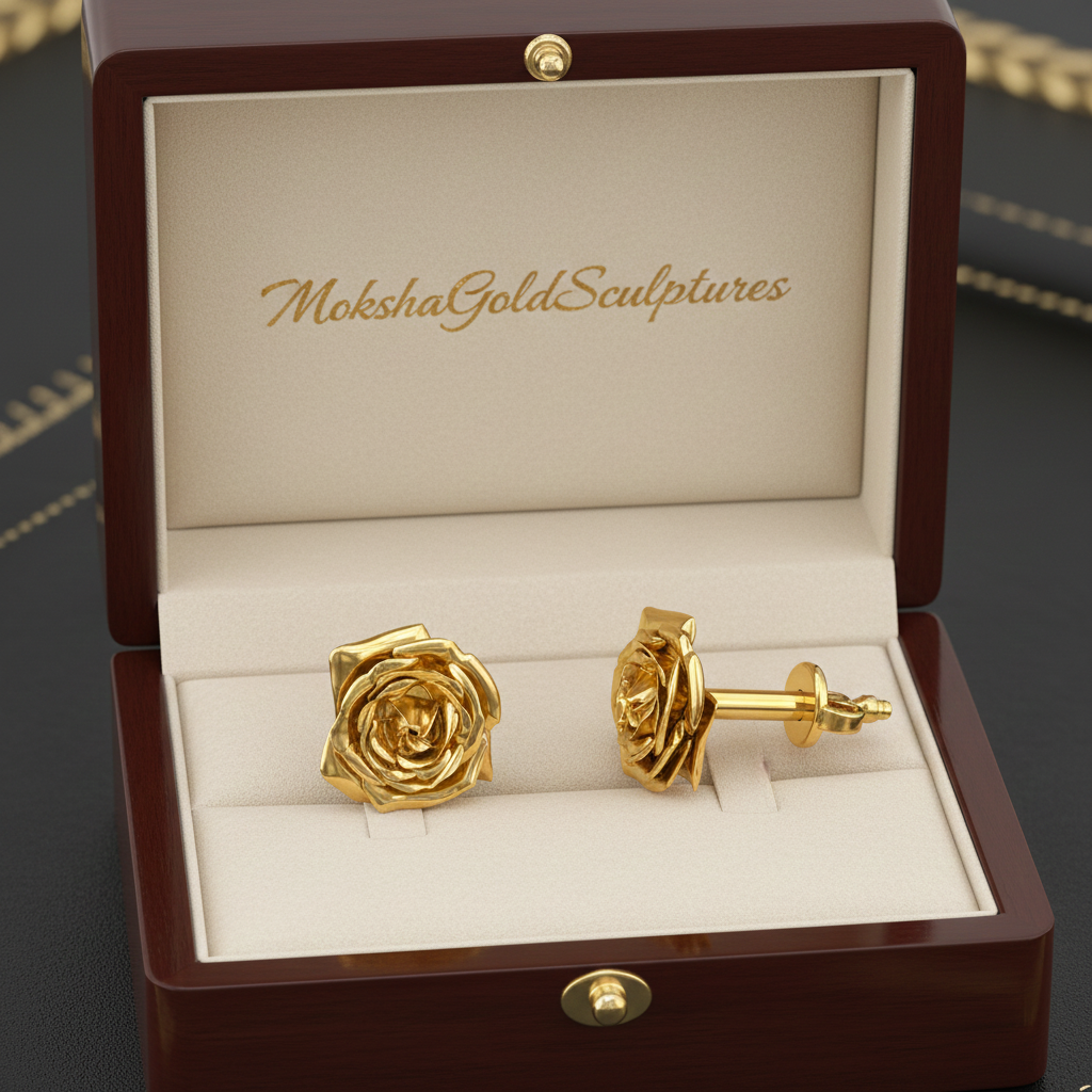 Rose Stud Earrings in polished brass by MokshaGoldSculptures, shown in a brown box with branded cream lid.