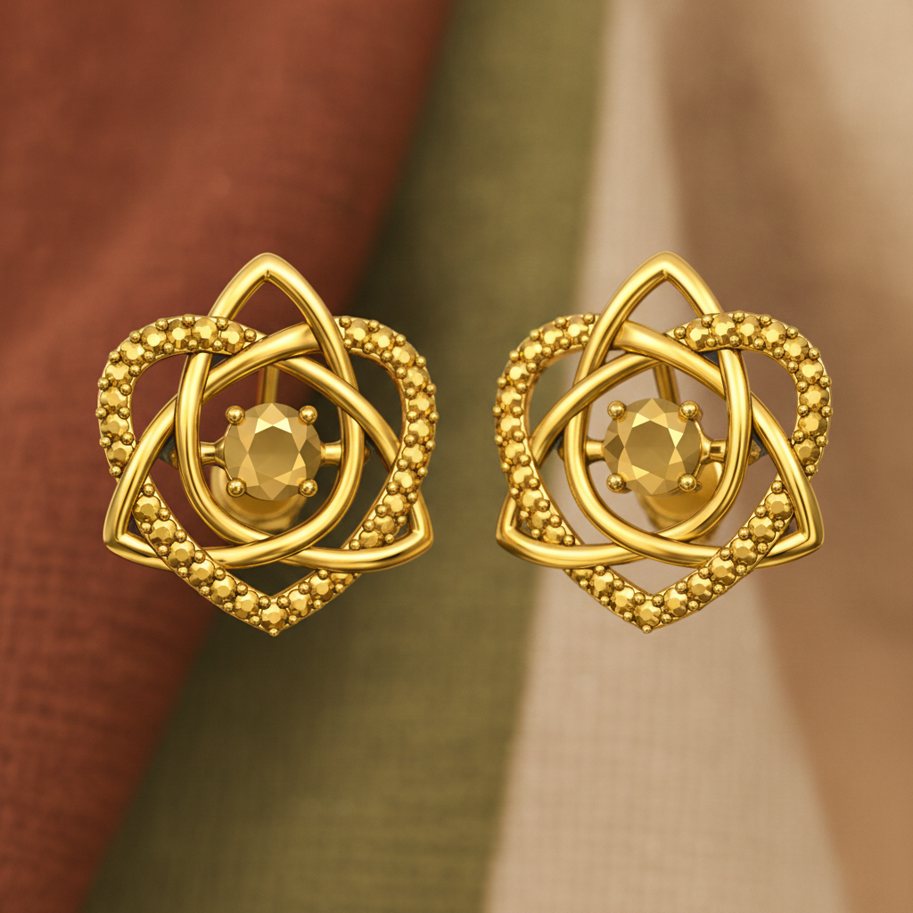 Celtic Trinity Knot Heart Stud Earrings in 9K gold by MokshaGoldSculptures, elegant artisan finish.