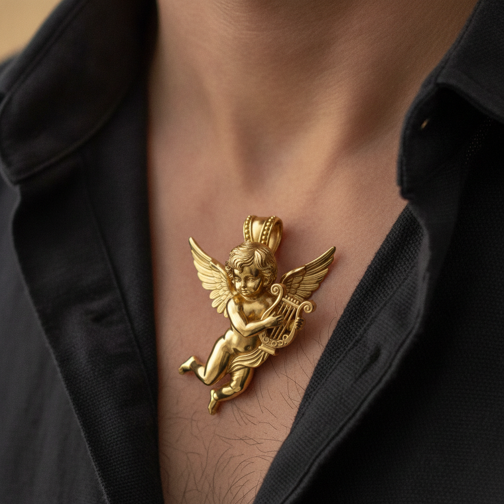 Golden Cherub Harp Pendant Necklace, Guardian Angel Jewelry, 9K Gold Angel Pendant, Sterling Silver Cherub Necklace, Religious Gift