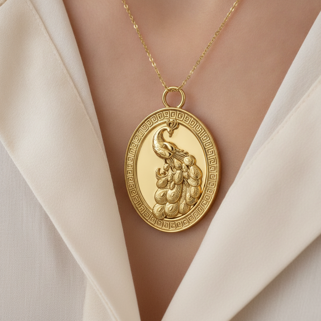 Gothic Peacock Coin Pendant Necklace | 9K Gold, Sterling Silver & Polished Yellow Brass | Art Nouveau Peacock Medallion | Nature Bird Jewelry | Gift for Her