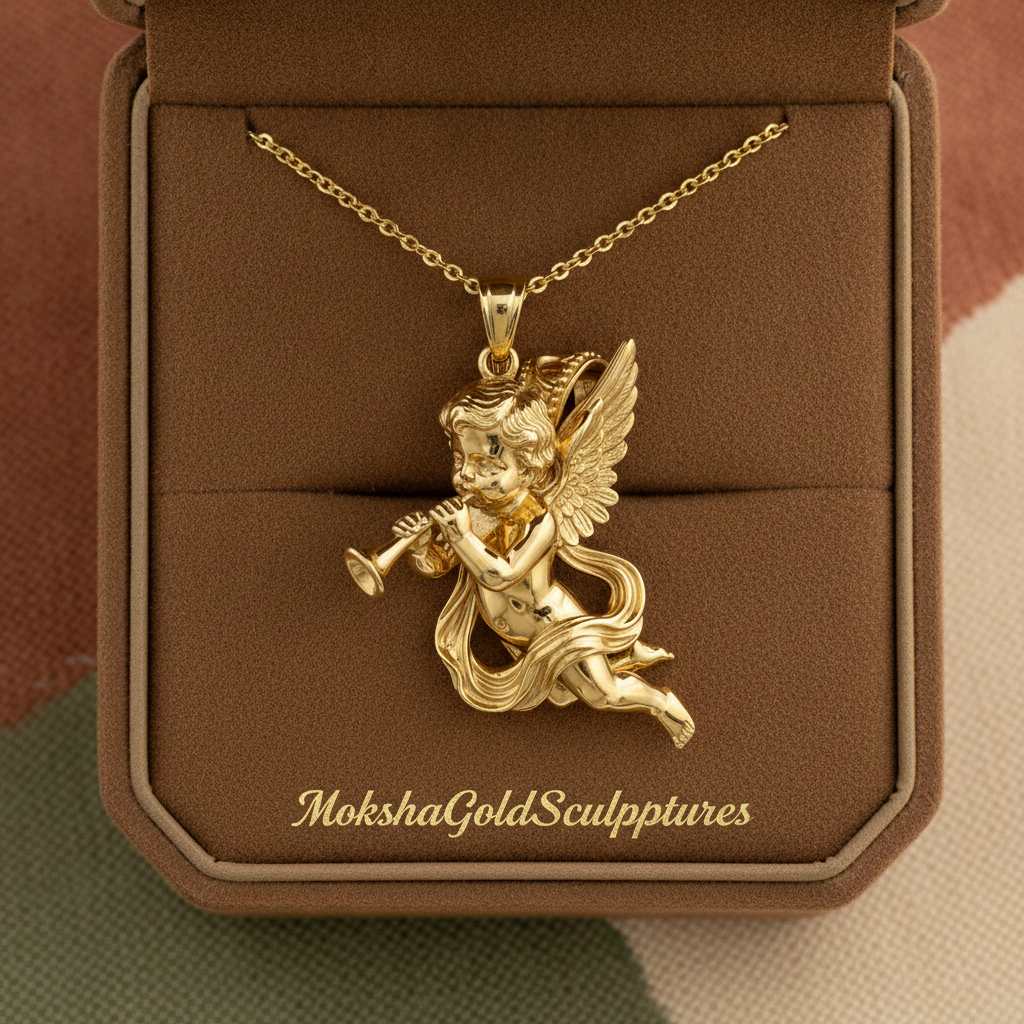 Golden Cherub Flute Pendant Necklace | Guardian Angel Jewelry | 9K Gold, Sterling Silver & Yellow Brass