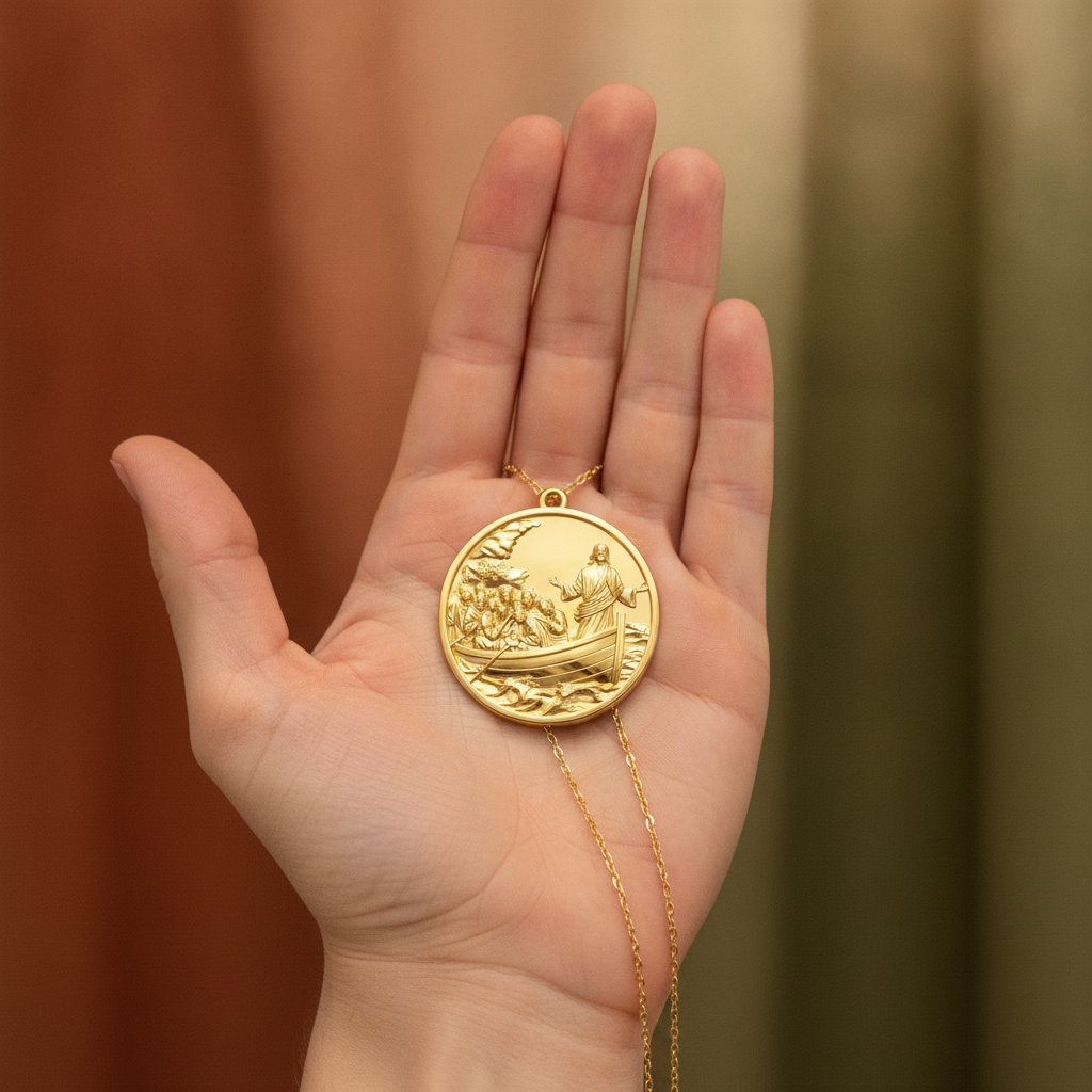 Jesus Calms the Storm Coin Pendant Necklace | 30mm Christian Medallion | 18K Gold, Sterling Silver or Yellow Brass | Religious Gift