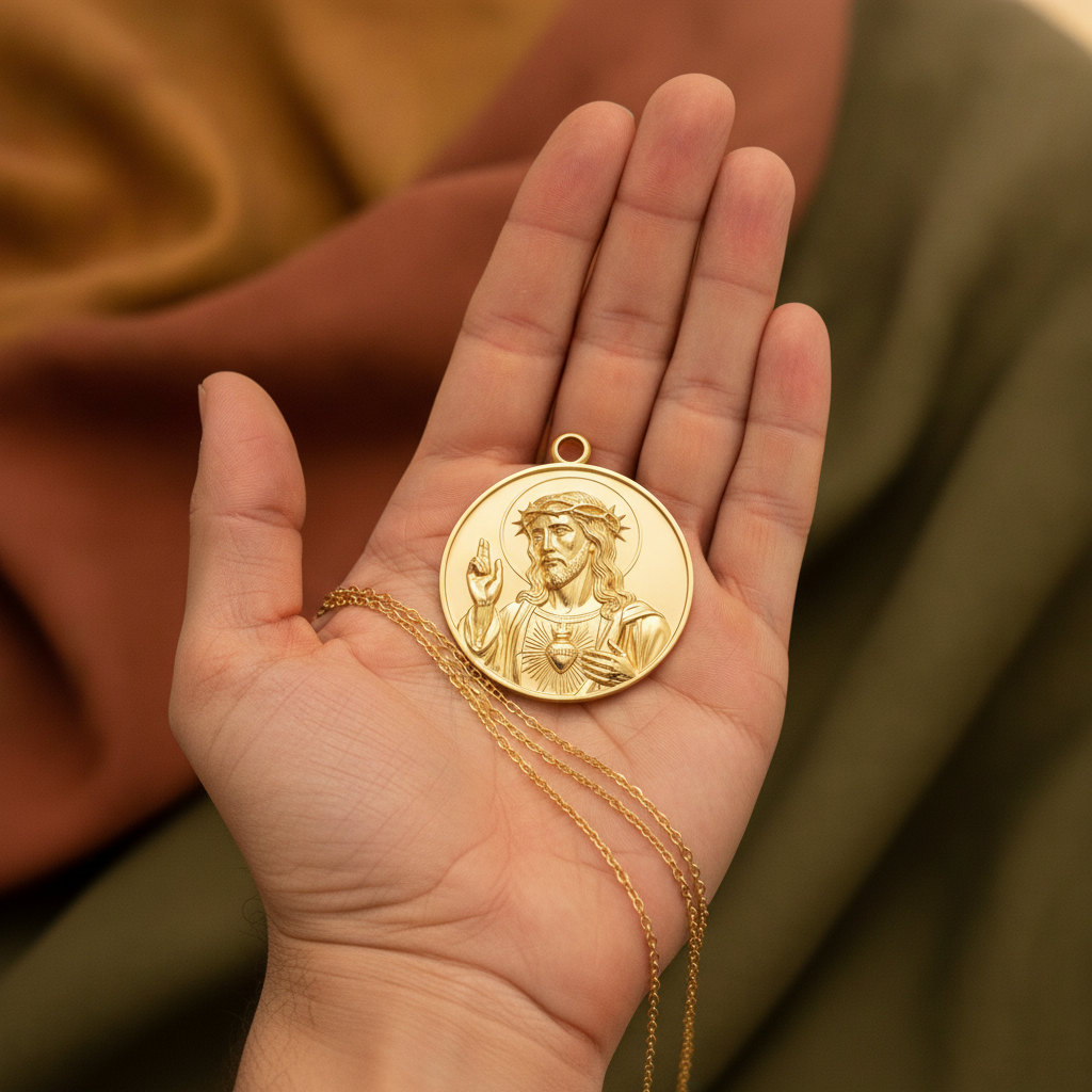 Jesus Sacred Heart Coin Pendant Necklace | 18K Gold Plated, Sterling Silver or Polished Brass | Christian Medallion | Catholic Religious Jewellery | 30mm