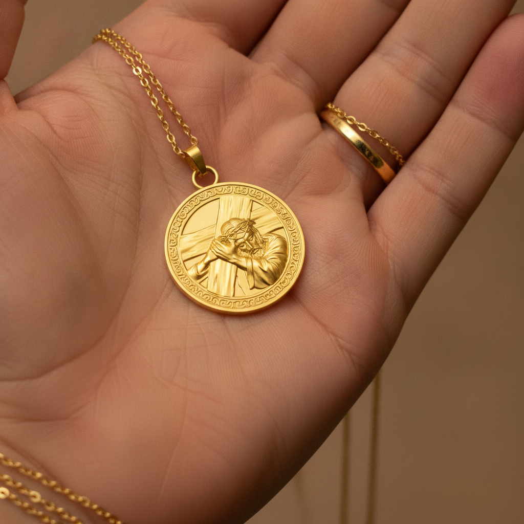 Jesus Carrying the Cross Medallion Pendant in 9K gold, sterling silver & yellow brass by MokshaGoldSculptures.