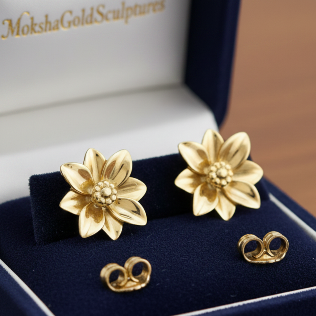 Flower stud earrings in polished brass by MokshaGoldSculptures, detailed petals and textured center, displayed in blue velvet box.