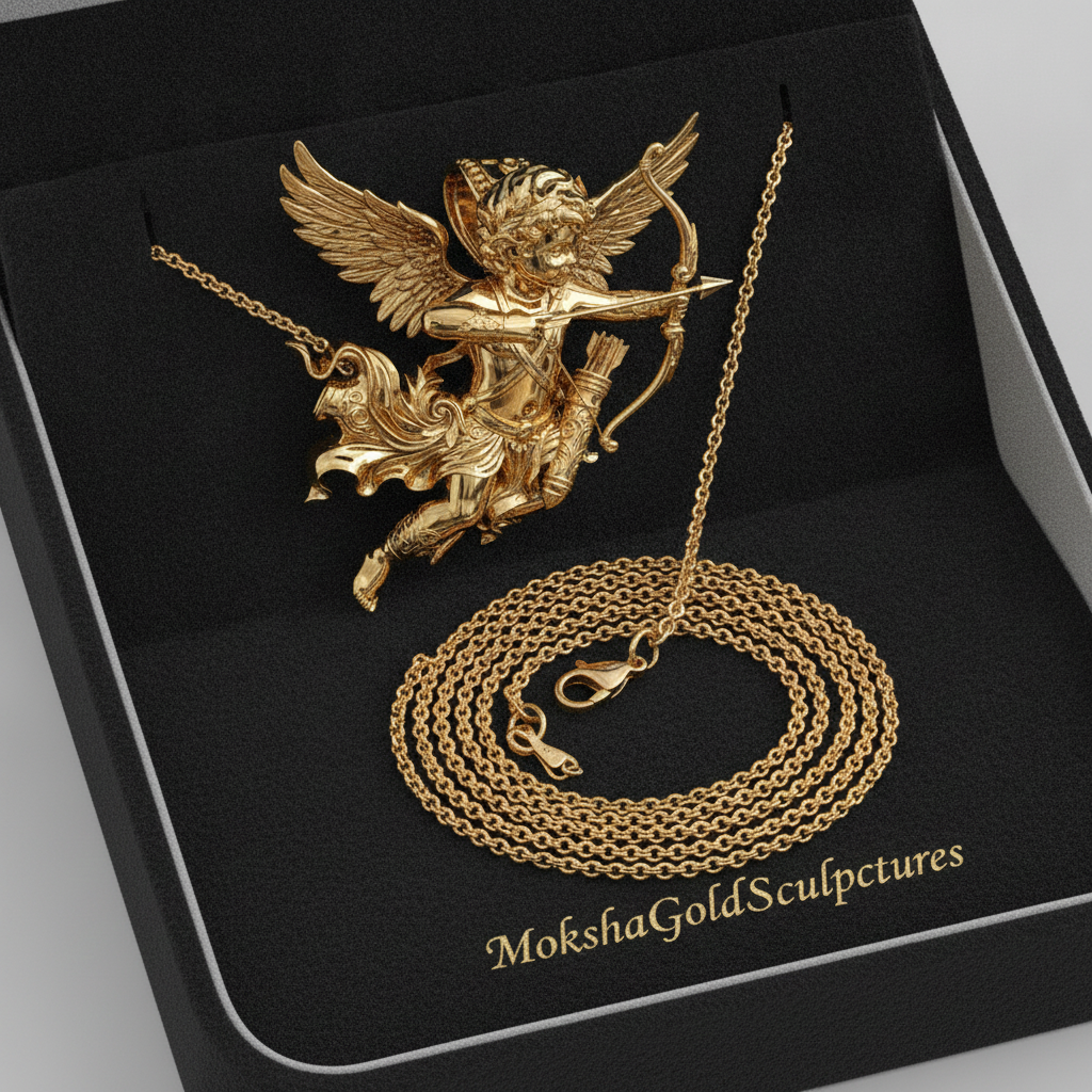 Winged Cupid Archer Pendant Necklace | Cherub Angel with Bow & Arrow | Handmade in 9K Gold, Sterling Silver & Yellow Brass