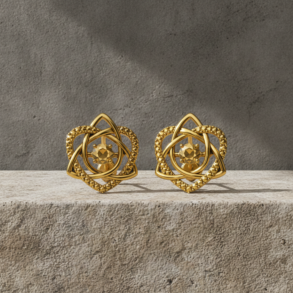 Celtic Trinity Knot Heart Stud Earrings in sterling silver textured finish by MokshaGoldSculptures.