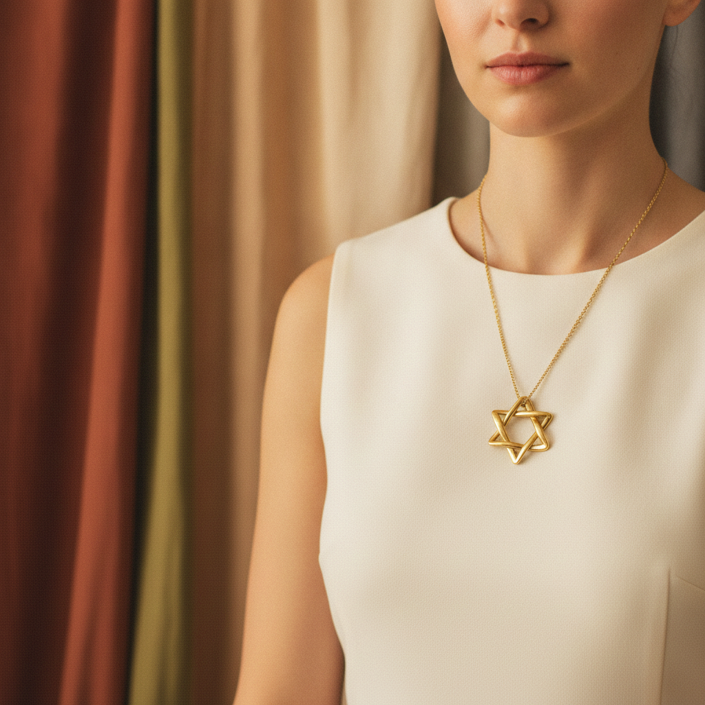 Interlaced Star of David Pendant Necklace in 18K gold & sterling silver by MokshaGoldSculptures displayed on model.