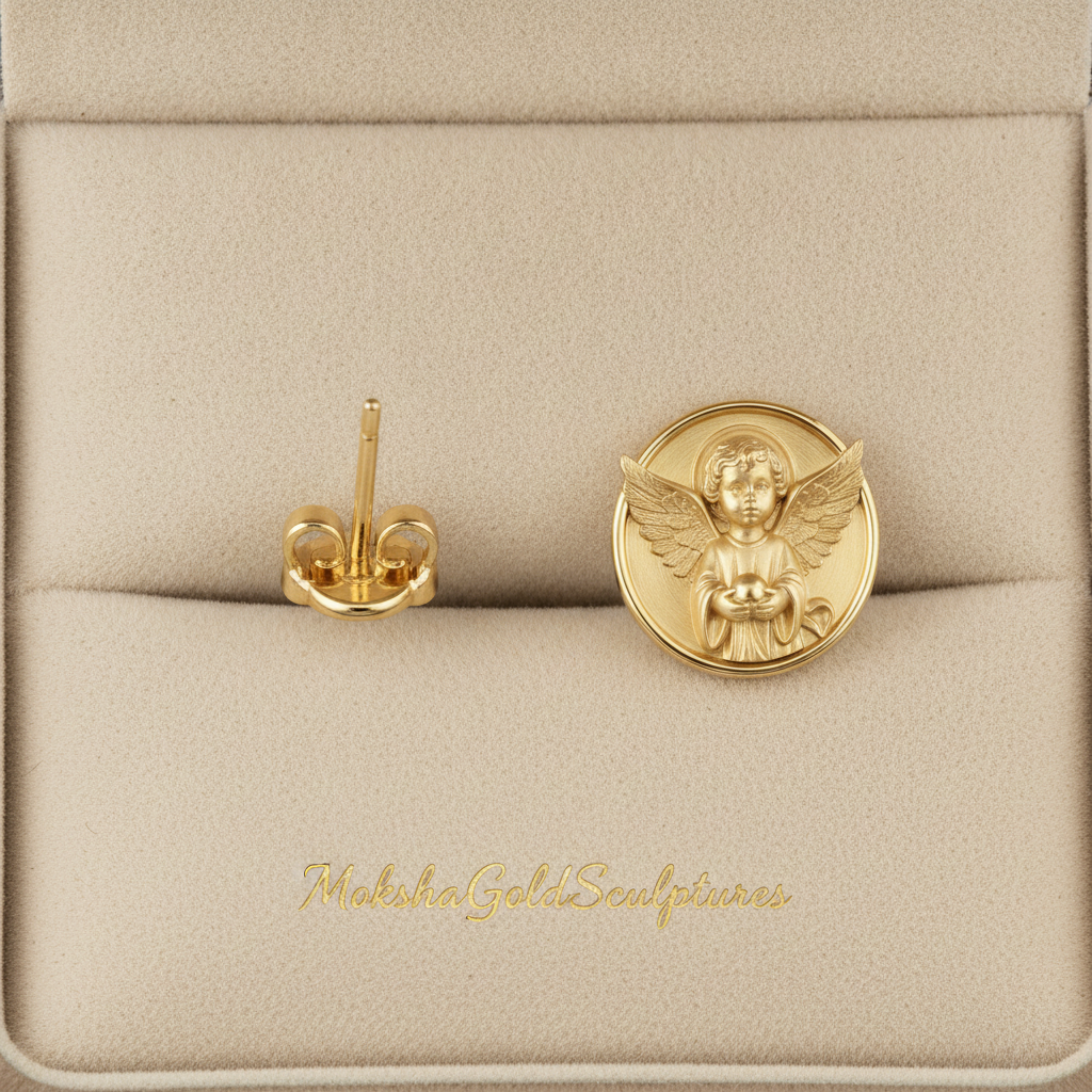 Angel Cherub Medallion Stud Earrings | 9K Gold, Sterling Silver or Brass | Celestial Angel Earrings | Religious Jewelry | Handmade Gift for Her