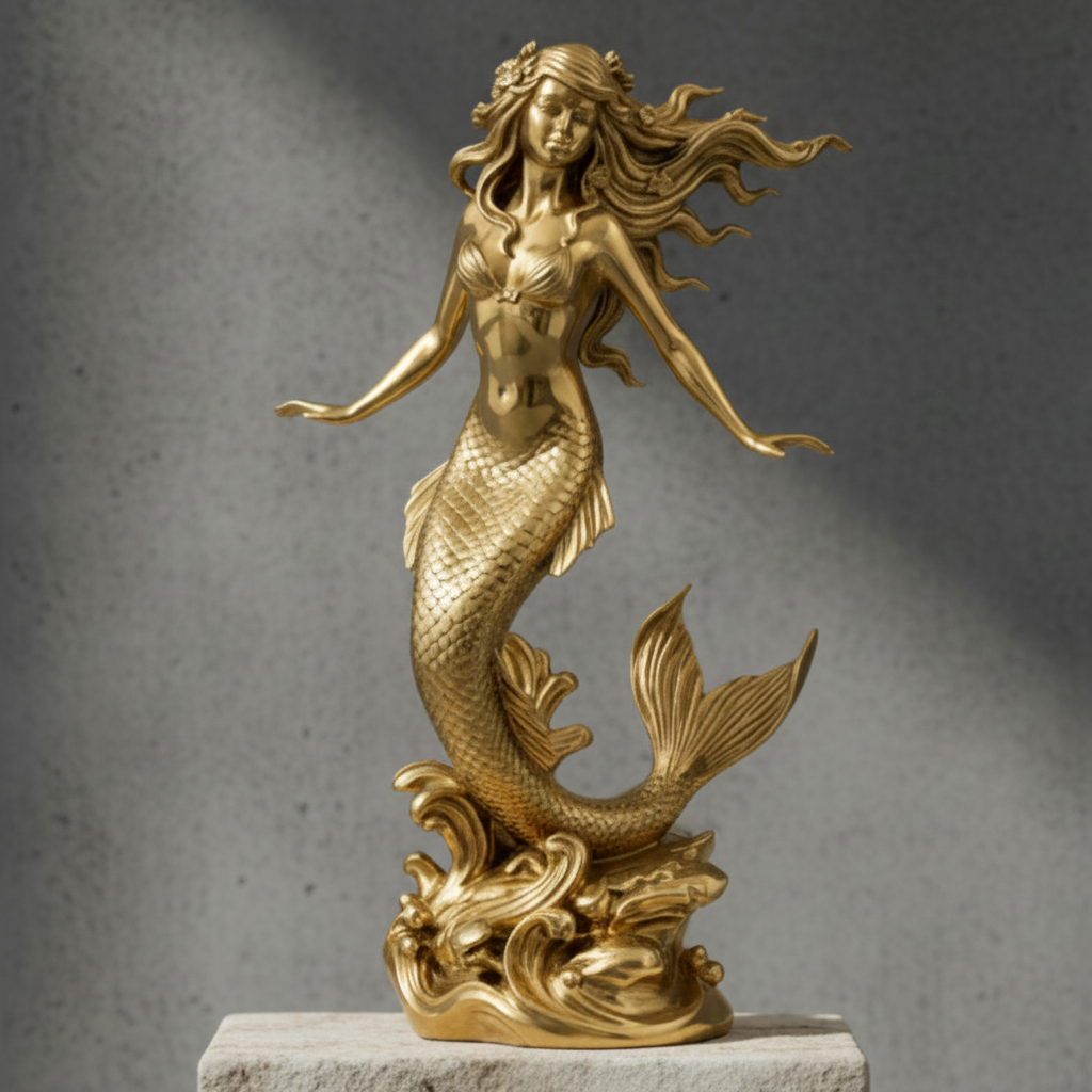 The Polished Brass Mermaid Sculpture in high polish by MokshaGoldSculptures, featuring flowing hair and curved tail.