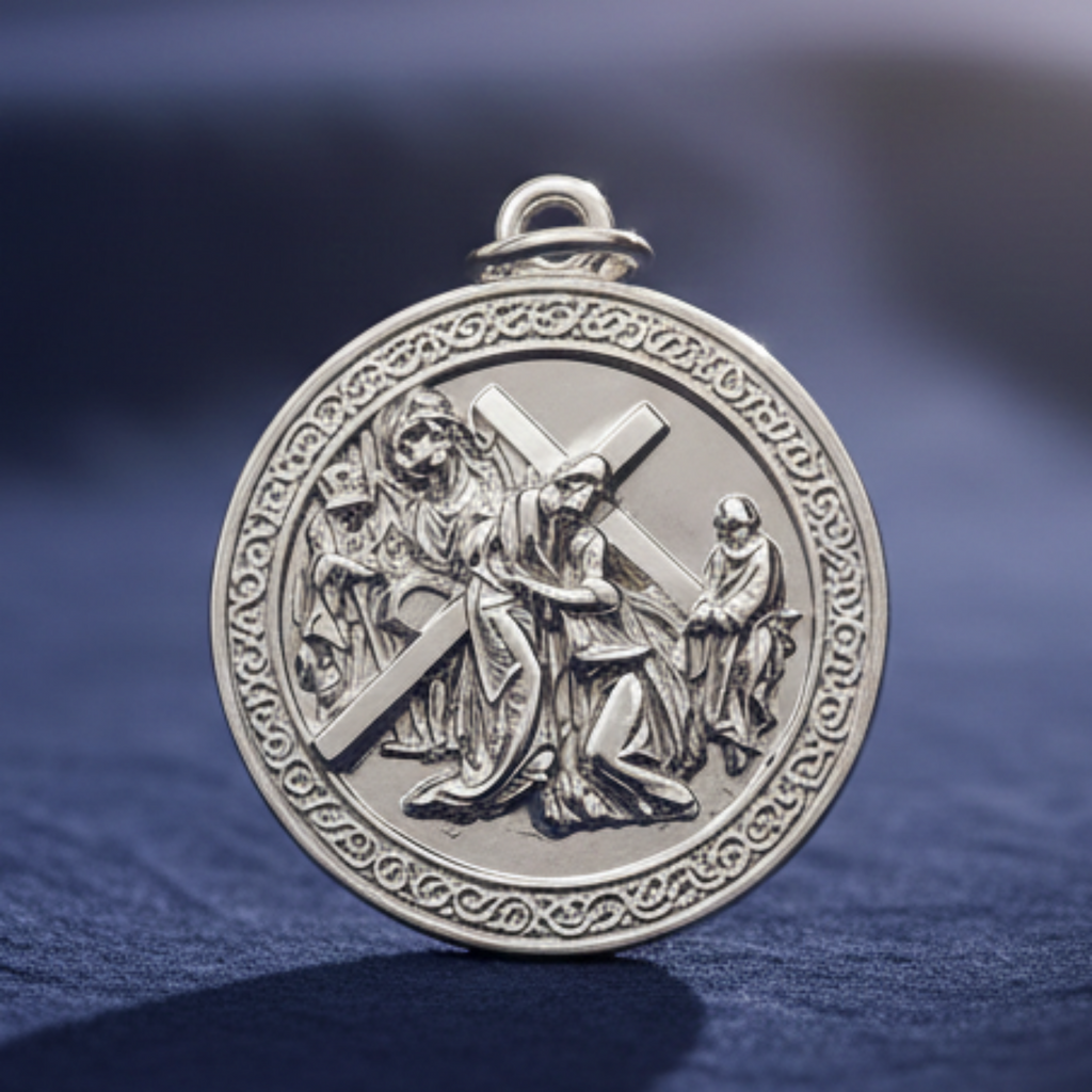 The Jesus Carrying the Cross pendant in 925 sterling silver by MokshaGoldSculptures, ornate finish.