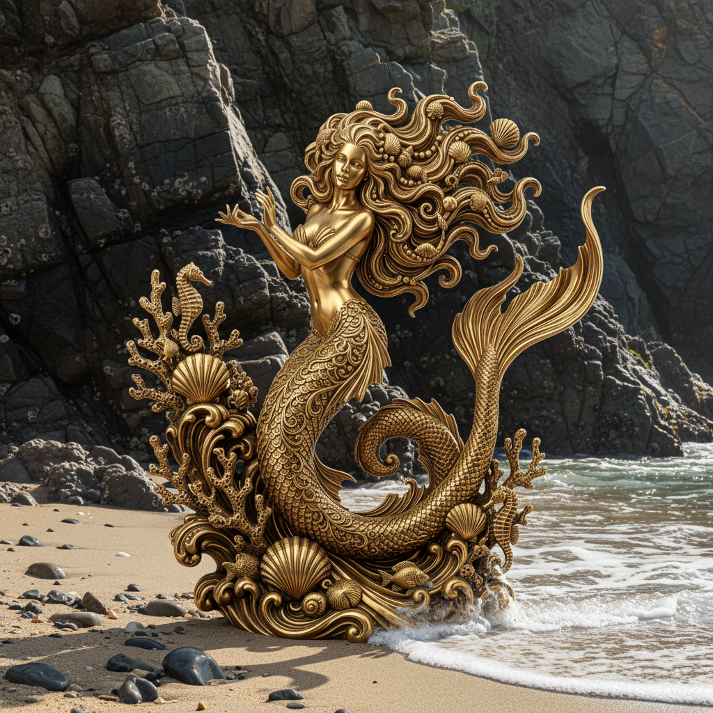 The Golden Mermaid pendant in gold finish by MokshaGoldSculptures, with flowing hair and detailed scales.