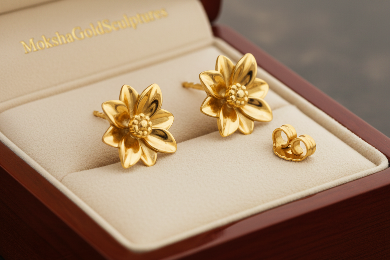 Polished Brass Flower Stud Earrings by MokshaGoldSculptures, floral design, high polish finish, shown in jewelry box.