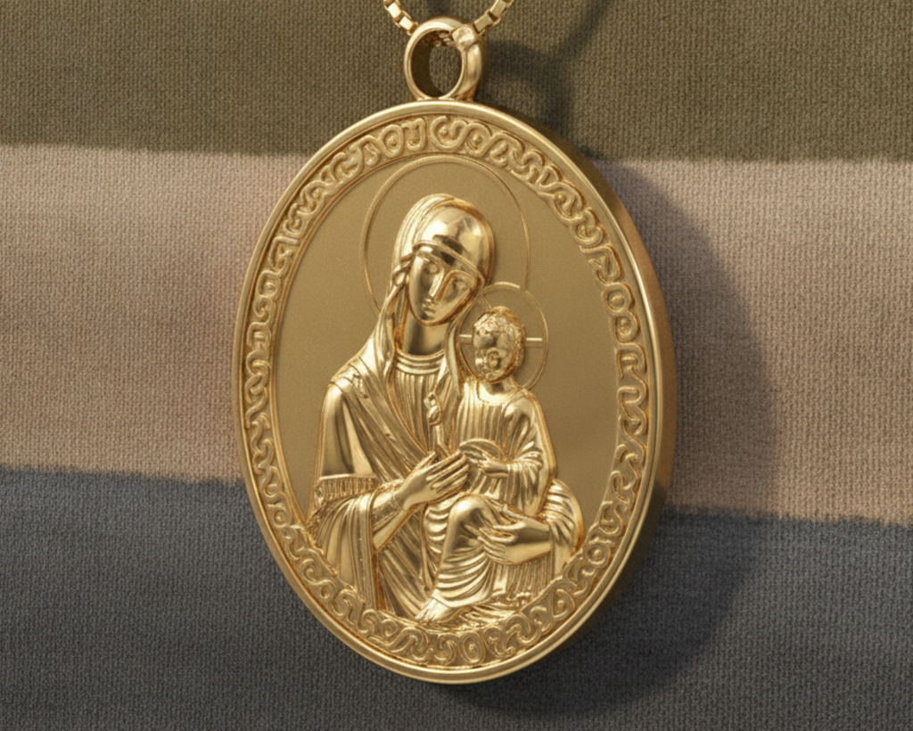 Virgin Mary & Child Coin Pendant Necklace | Blessed Mother Medallion | Christian Jewelry in 18K Gold, Sterling Silver or Yellow Brass