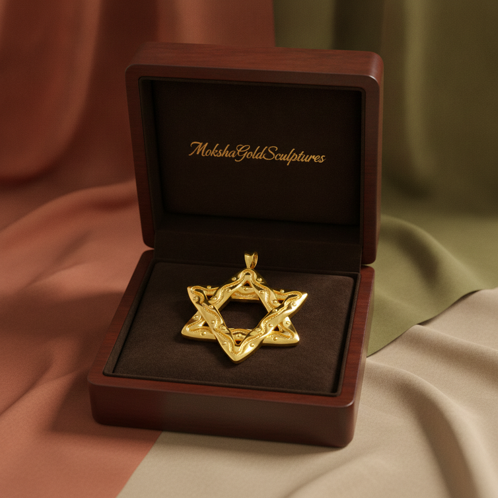 Interwoven Star of David Pendant Necklace in polished yellow brass by MokshaGoldSculptures.