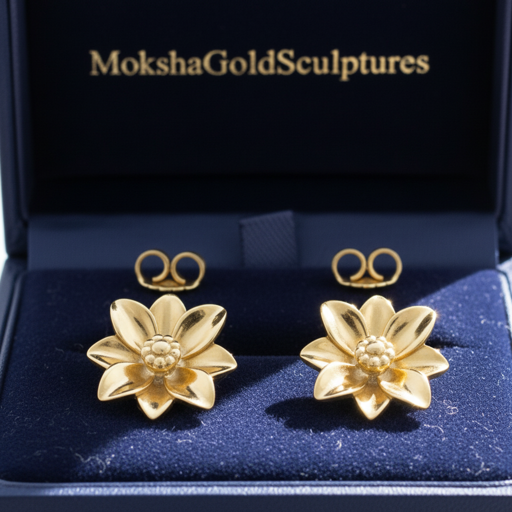 Polished brass flower stud earrings by MokshaGoldSculptures in blue box with gold logo.