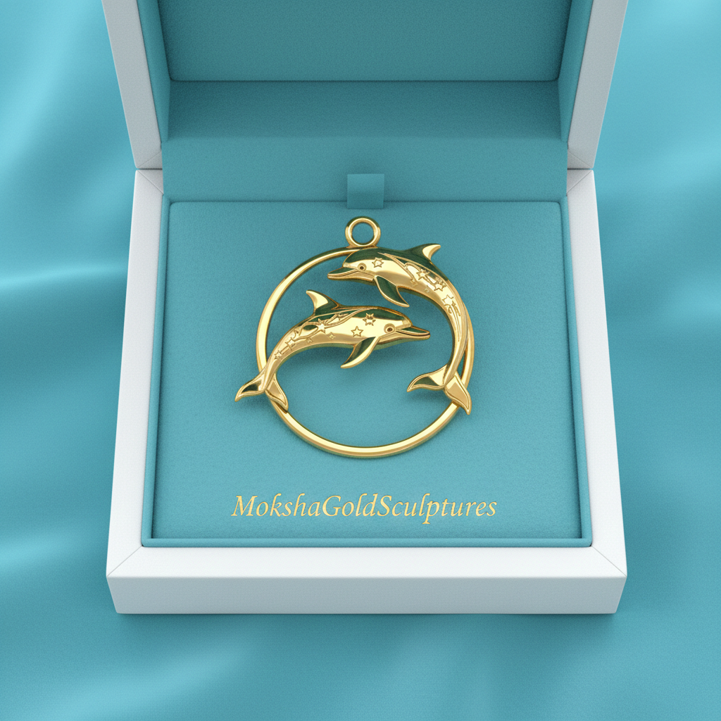 Polished Gold Dolphin Circle Pendant – Celestial Double Dolphin Necklace Charm – 25 x 23 mm