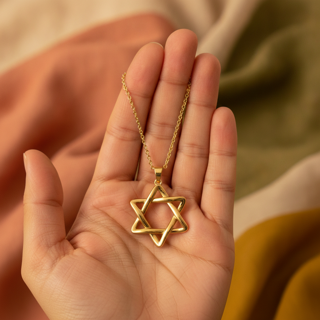 Interlaced Star of David Pendant Necklace in 18K gold and sterling silver by MokshaGoldSculptures.