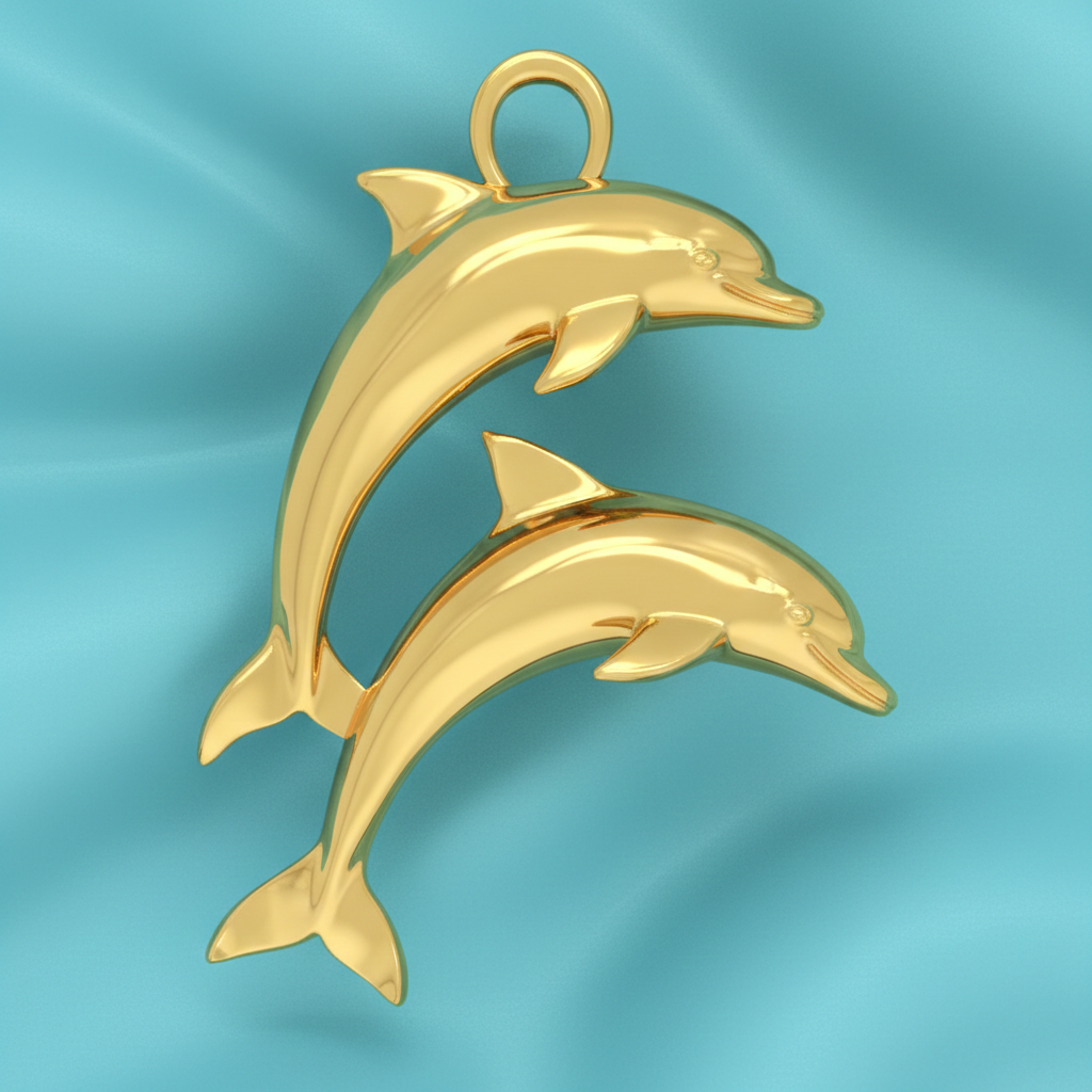 Gold Double Dolphin Pendant with Integrated Bail – Polished Finish – 28 x 21 mm
